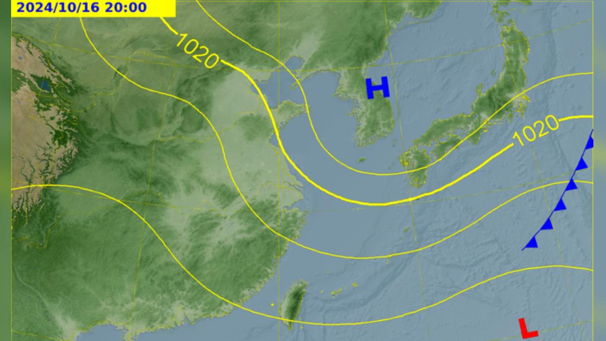 今晚大陸冷高壓南下，但位置偏北，對台灣溫度影響不大，風場轉為東北風，北東留意短暫雨。（圖／氣象署）