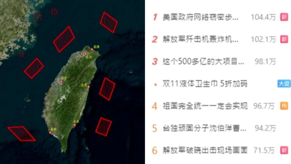 微博14日的熱搜榜上，包含「東部戰區」、「一個中國」關鍵字等均榜上有名。（組圖／翻攝自微博）