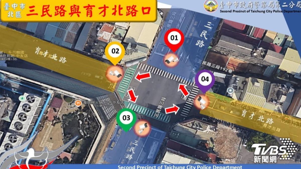 台中市北區「三民路與育才北路口」將推出只取締未停讓行人的科技執法。（圖／TVBS）