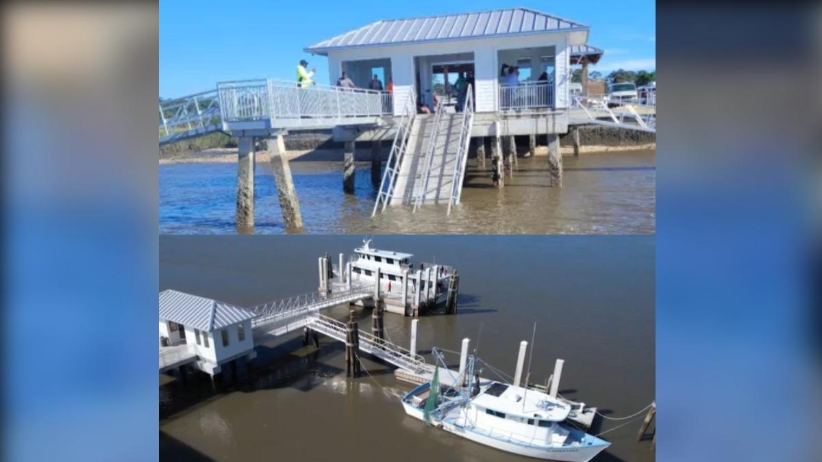 美國喬治亞州薩佩羅島（Sapelo Island）一處渡輪碼頭的連接橋（gangway）19日坍塌。（圖／翻攝自 X@renmusb1@BillyHeathFOX5）