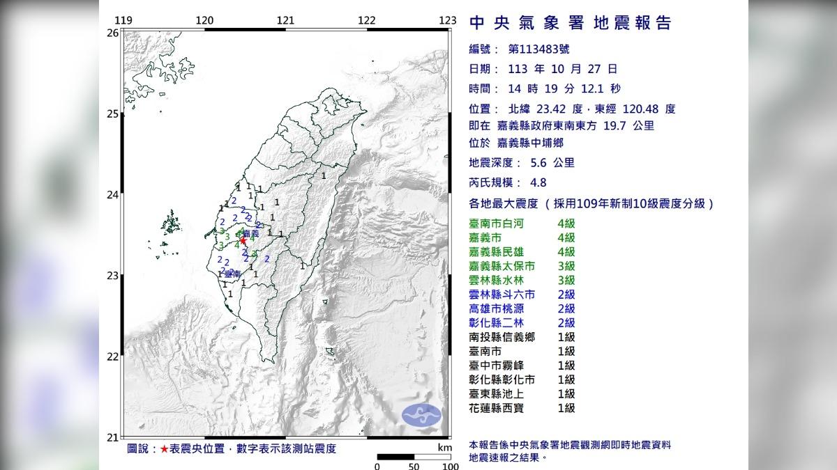 中央氣象署發布14:19最新地震報告。（圖／氣象署）