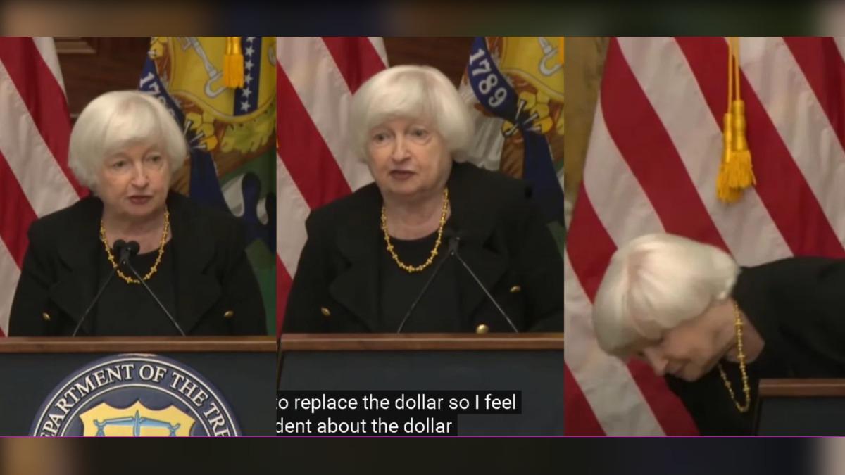 美國財政部長葉倫（Janet Yellen）演講一半財政部徽章掉落。（圖／翻攝自U.S. Department of the Treasury）