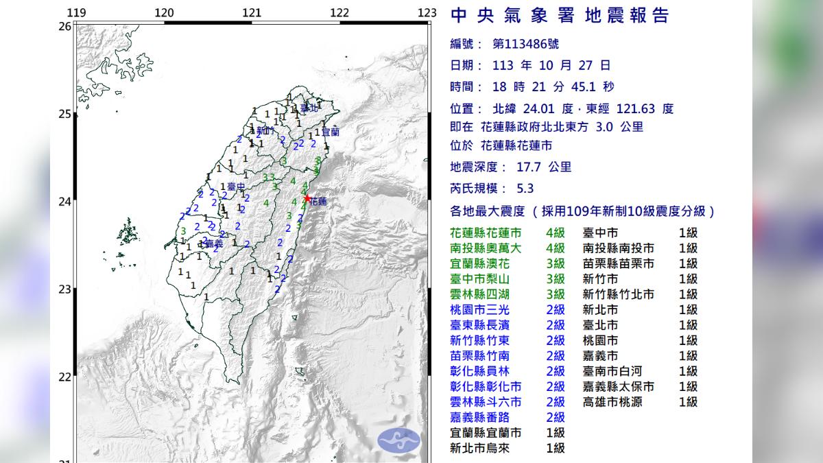 地震報告。（圖／中央氣象署）