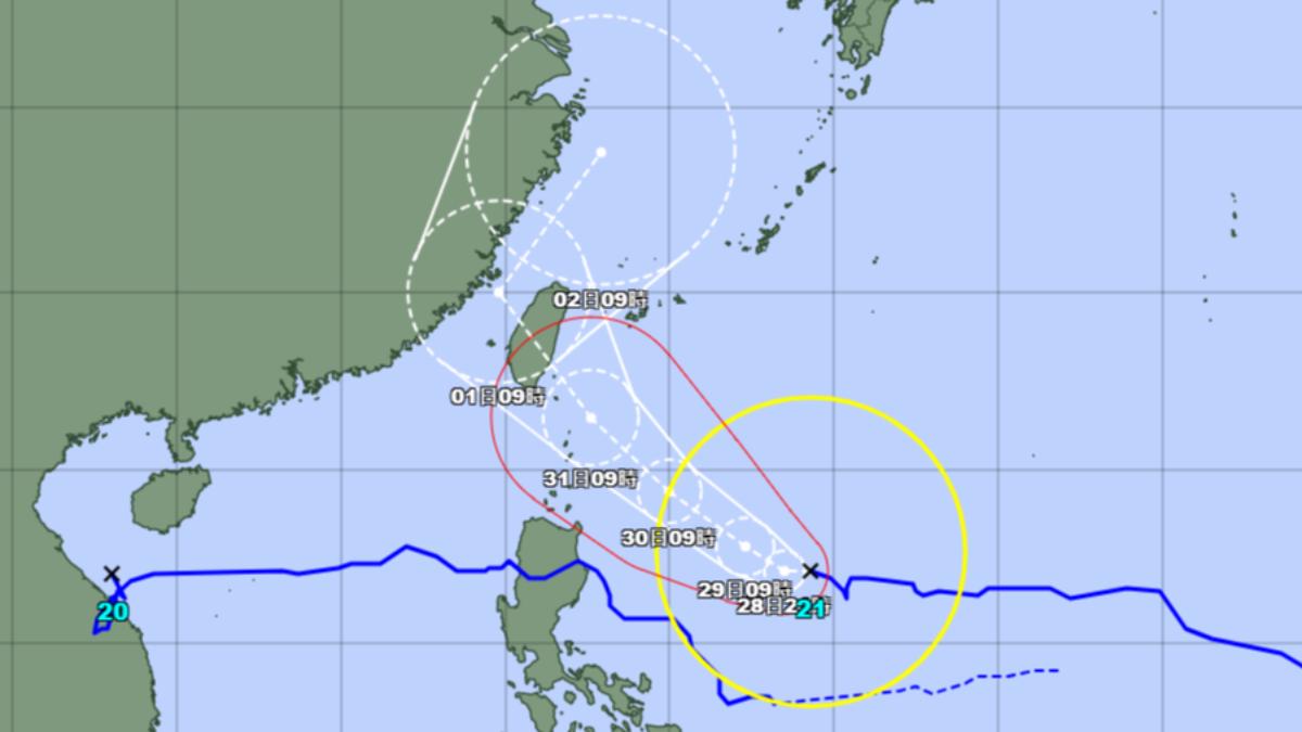 日本氣象廳最新預測路徑，康芮颱風可能在10月31日至11月1日之間從花蓮、台東一帶登陸。（圖／日本氣象廳）