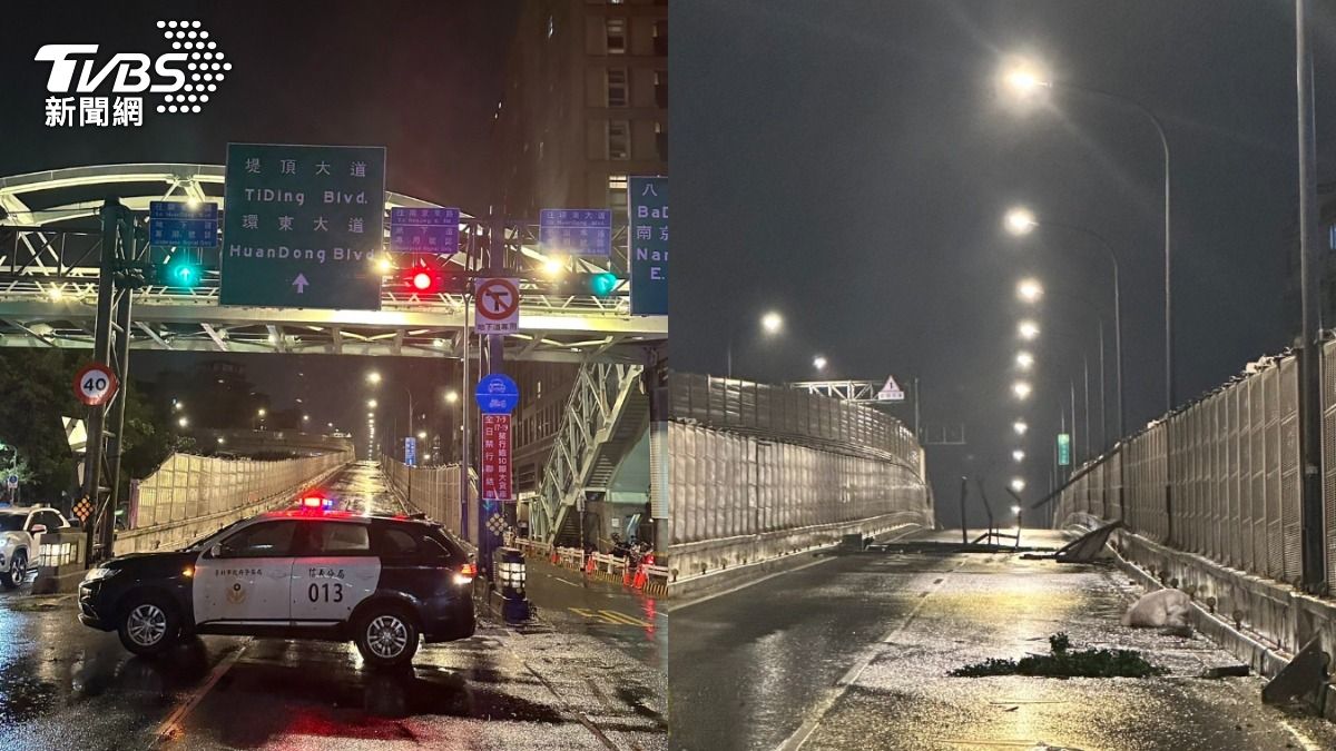 台北市基隆路與松隆路口出現大樓遮雨棚，造成該路無法通行。（圖／TVBS）