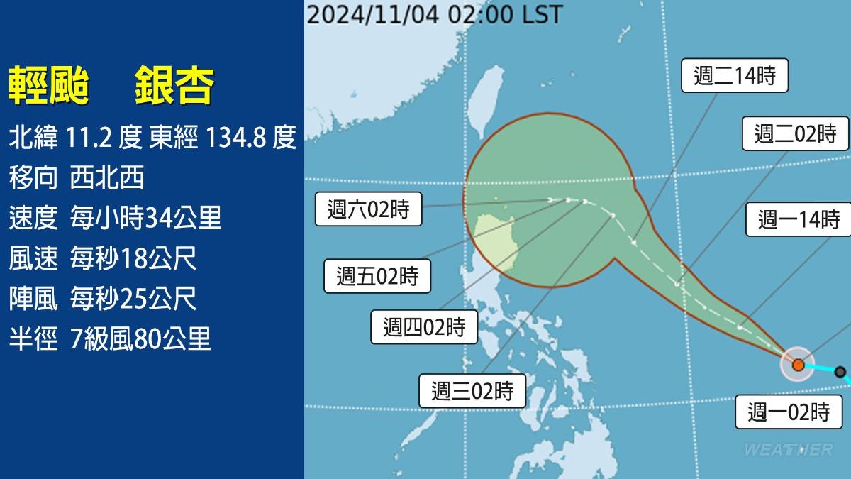 輕颱銀杏預測路徑，估下半周對台天氣造成影響。（圖／TVBS）