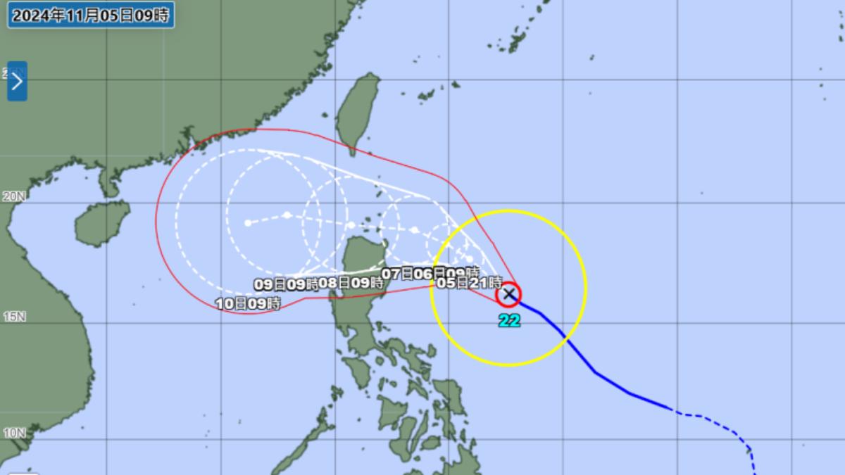 日氣象廳預測銀杏颱風最新路徑。（圖／翻攝自日本氣象廳網站）