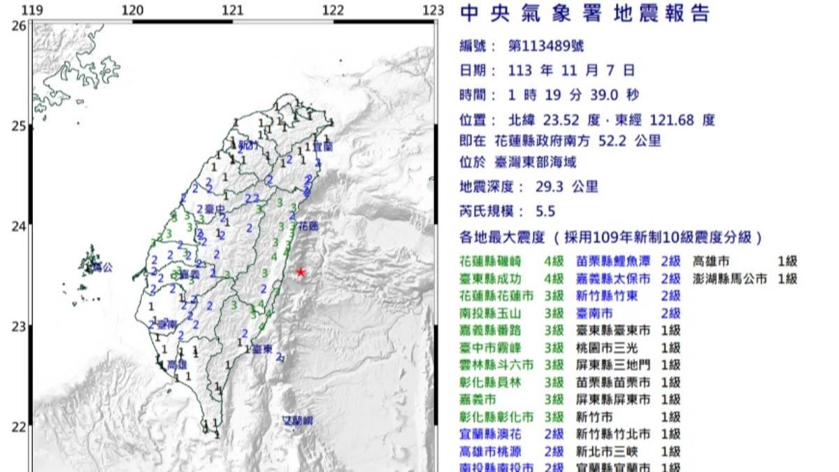 花蓮東部外海7日凌晨1時許發生芮氏規模5.5地震。（圖／取自中央氣象署官網）