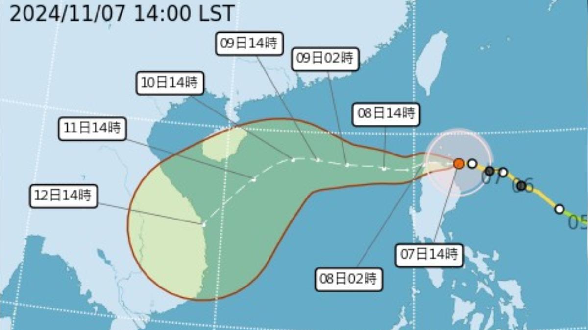 銀杏颱風今週四(7)下午增強為強烈颱風，七級風暴風半徑也擴大為200公里，中心位置位在呂宋島東北方近海。（圖／中央氣象署）