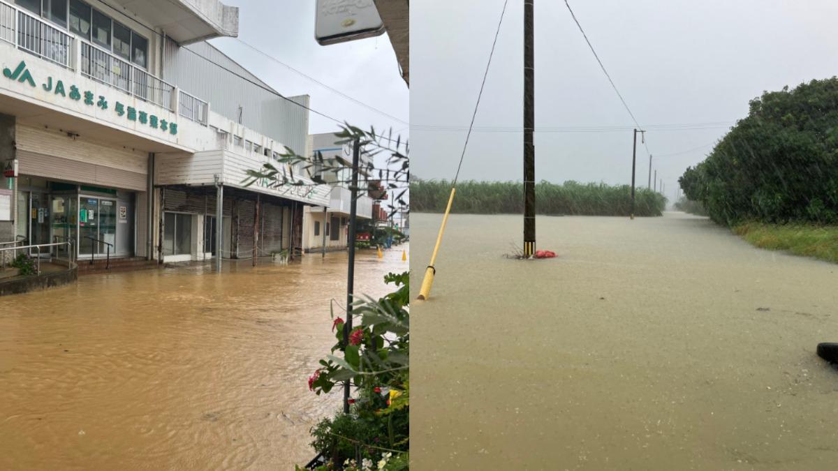 日本沖繩北部、鹿兒島與論島暴雨成災。（圖／翻攝自Ｘ＠Haranouen_co、@itumohare66）