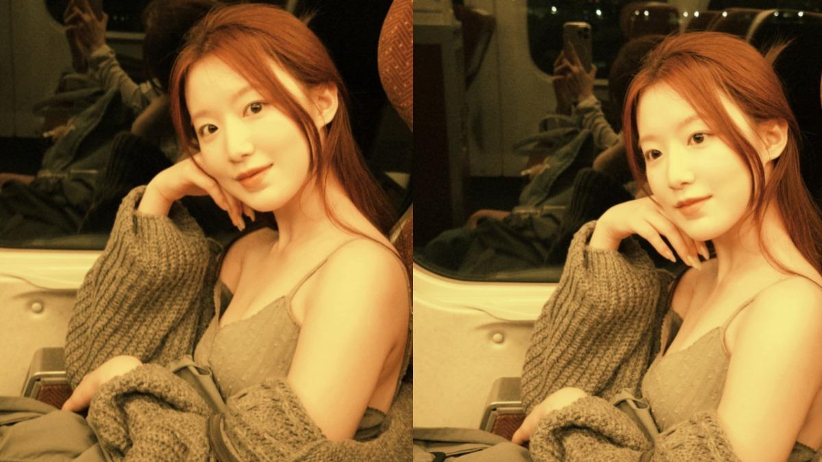 舒華搭高鐵脫到剩內衣，右邊肩帶還滑落。（圖／翻攝自yeh.shaa_ IG）