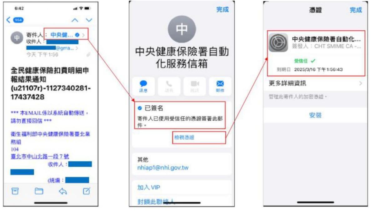 健保署寄發電子郵件，寄件人信箱均為「@nhi.gov.tw」，且採數位簽章機制。（圖／健保署提供）