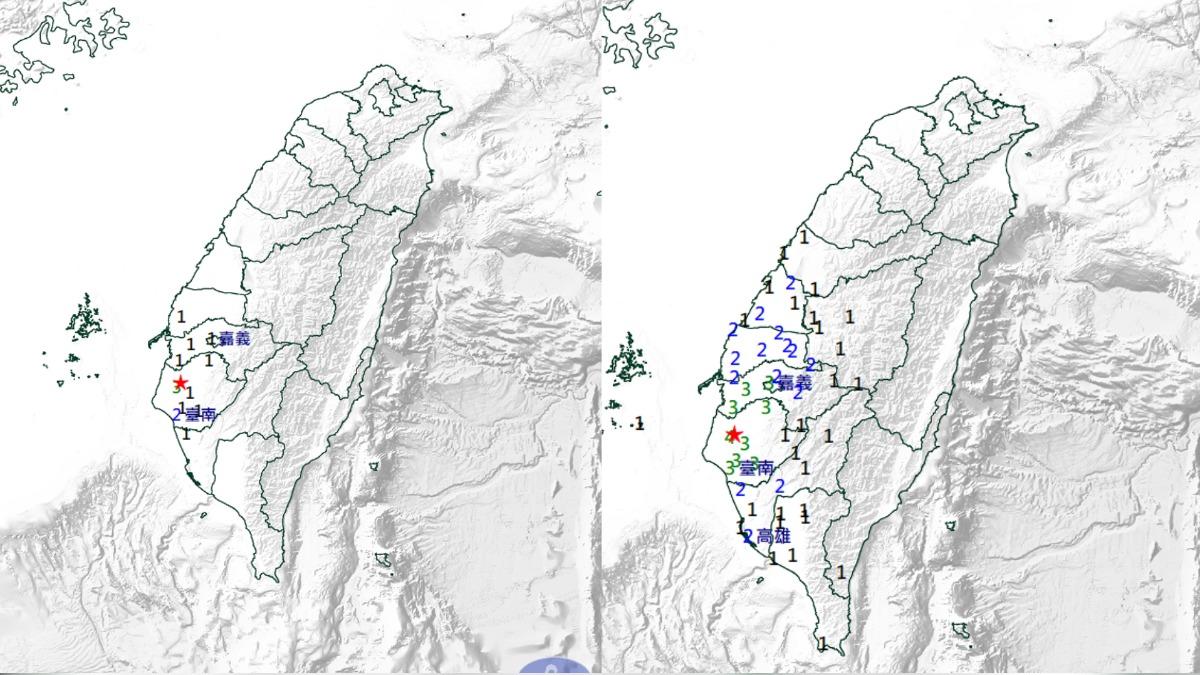 今（16日）臺南接連發生兩起地震。（圖／翻攝自中央氣象署官網）