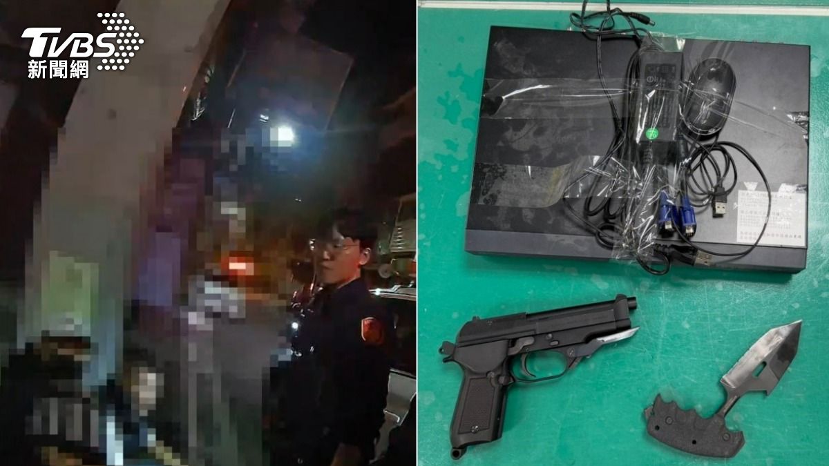 兩派人馬因為投資糾紛爆衝突，警方現場查扣空氣槍等違禁品。（圖／TVBS）