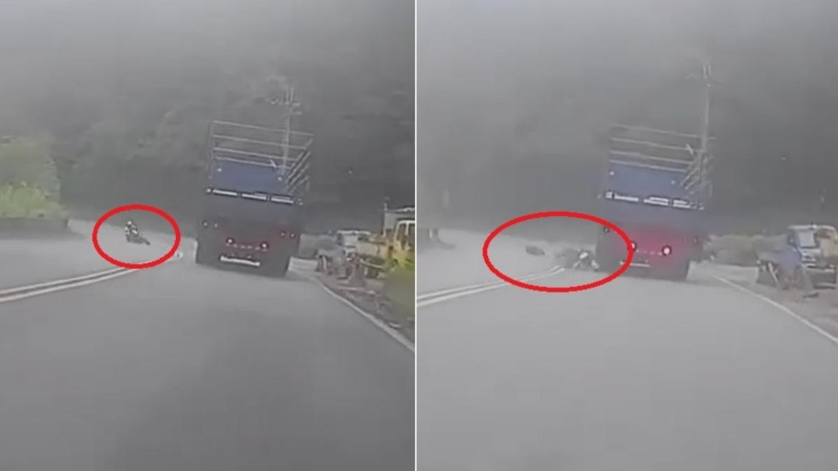機車騎士過彎自摔噴對向車道，驚悚瞬間曝光。（圖／翻攝重機群組）