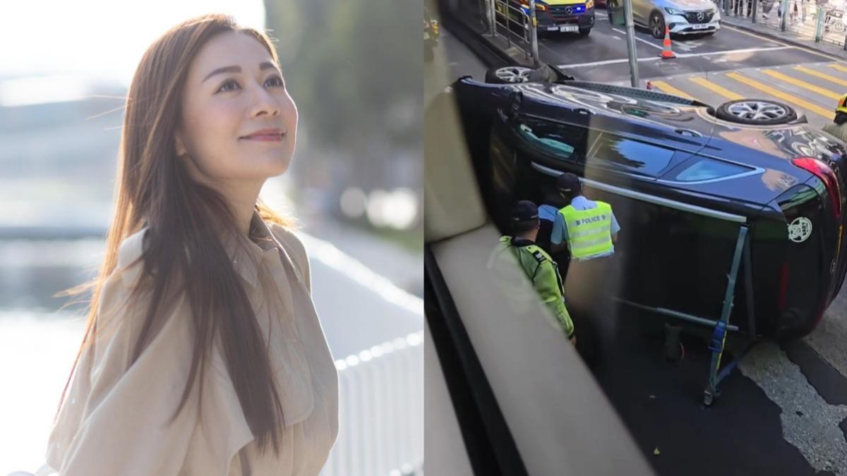港女星江若琳今（13）日下午發生自撞車禍。（圖／香港01、翻攝自香港交通及突發事故報料區／Nelson Yau）