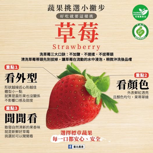 北農分享草莓挑選方法。（圖／翻攝自台北農產臉書粉專）