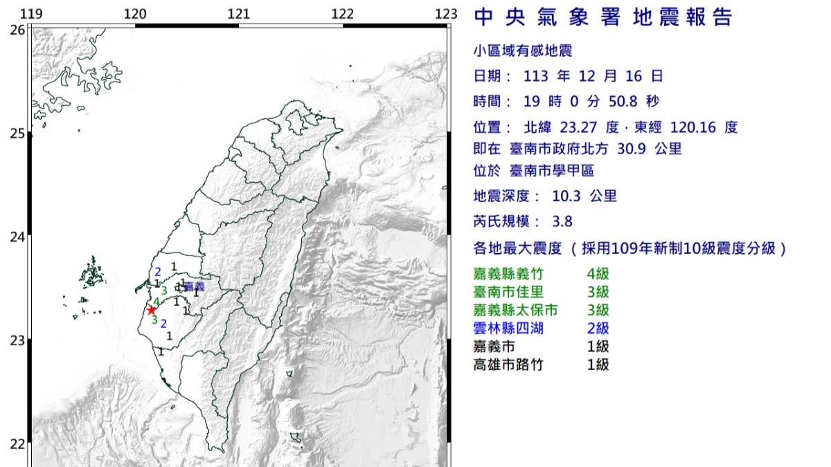 台南學甲16日晚間19時發生規模3.8地震。（圖／中央氣象署）