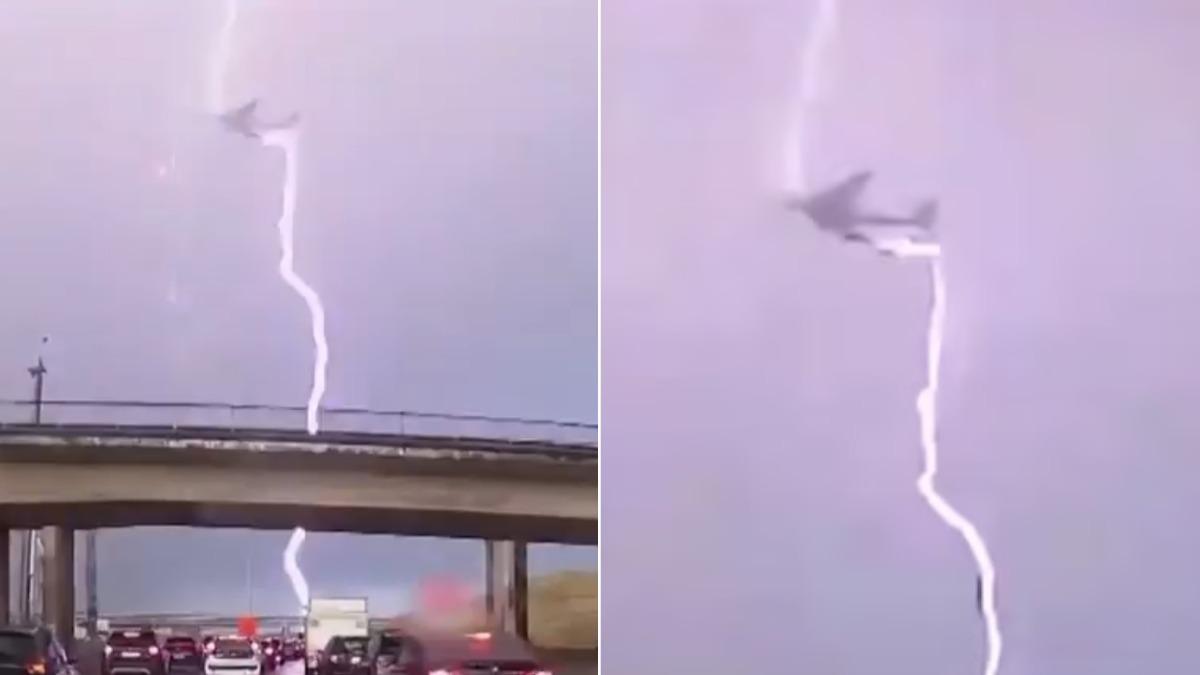 英國「途易航空」22日有1架貨機和1架客機遭遇雷擊，接觸瞬間更被拍下。（圖／翻攝自X@LejeuneXa）