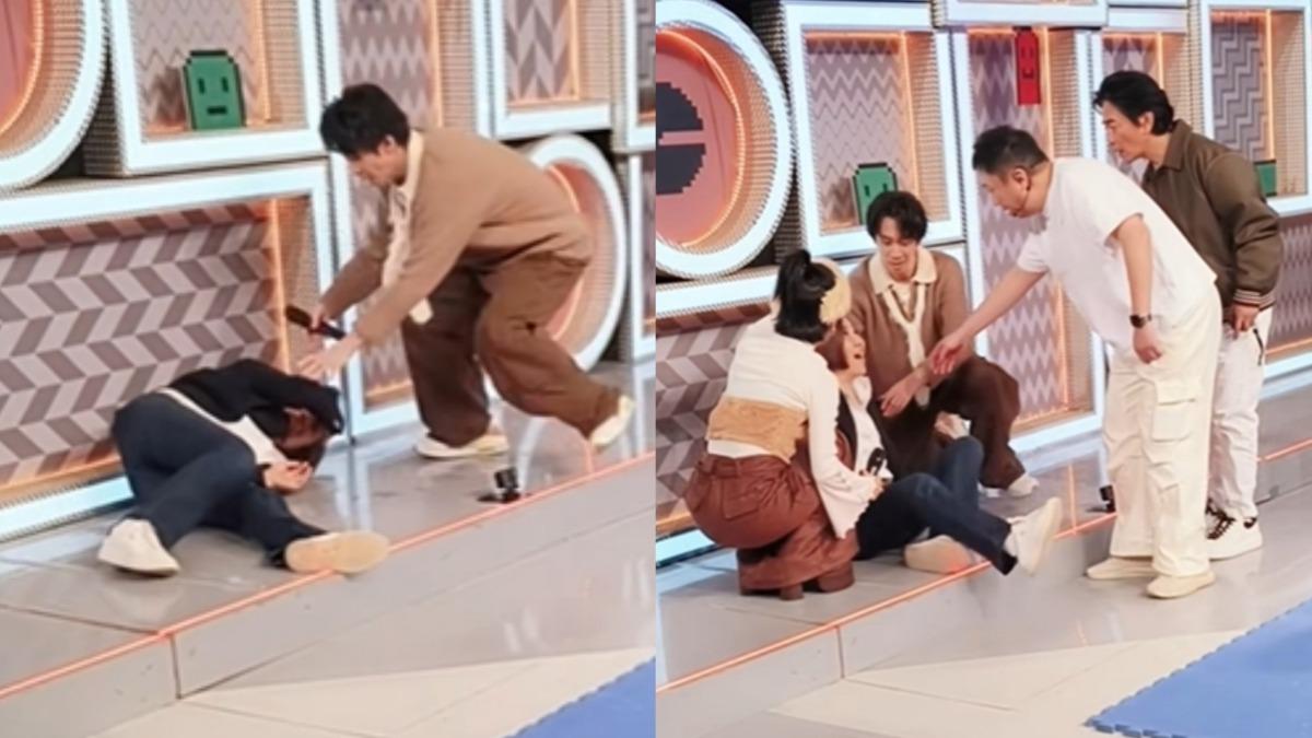 于美人日前在錄影時摔倒。（圖／翻攝于美人臉書）