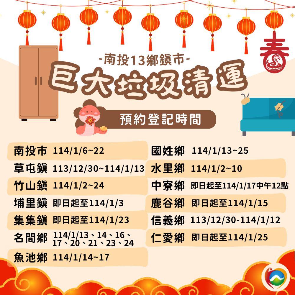 南投縣過年巨大垃圾清運登記時間整理表。(圖/翻攝自南投縣政府環境保護局官網)