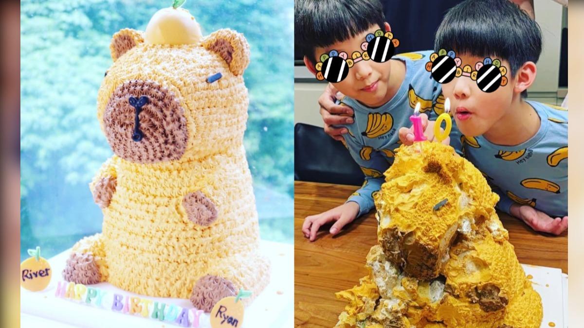 飛飛翔翔的生日蛋糕毀壞相當嚴重，但他們仍相當開心。（圖／翻攝自范瑋琪IG）