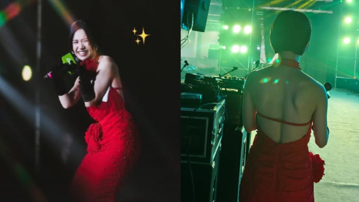 Lulu身穿大片裸背鮮紅禮服主持尾牙。（圖／翻攝自sunnygirl800424 IG）