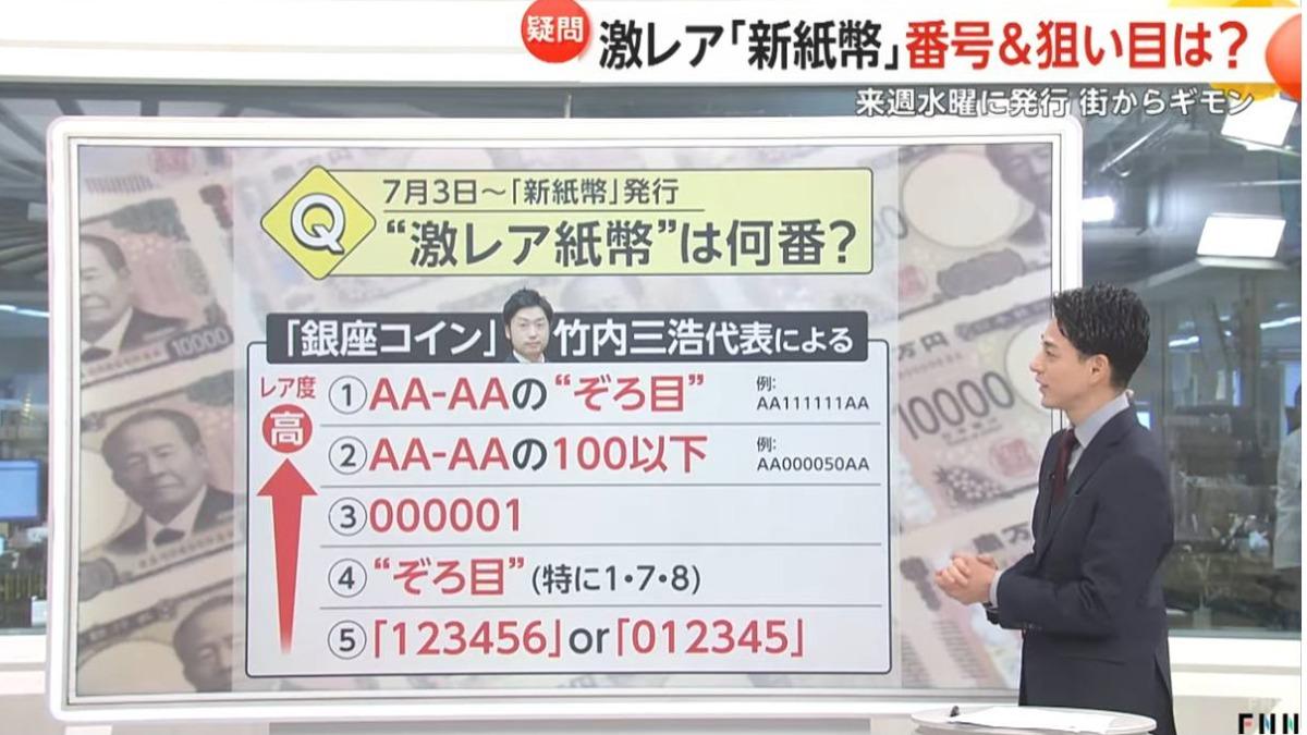 日本錢幣收藏專家分享，拿到以下號碼的日幣新鈔，可以考慮保存起來留念或者賣掉。（圖／翻攝自FNN）