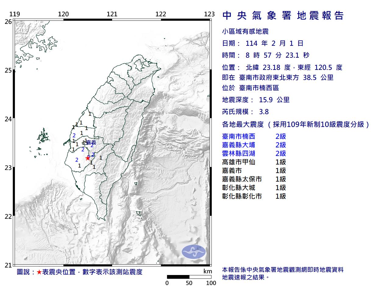上午8時57分台南市楠西區發生芮氏規模3.8的小區域地震。（圖／氣象署）