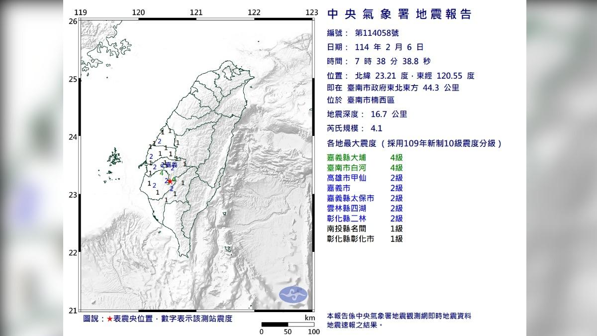 上午7時38分台南市楠西區發生芮氏規模4.1地震。(圖/氣象署提供) 上午7時38分台南市楠西區發生芮氏規模4.1地震。(圖/氣象署提供)