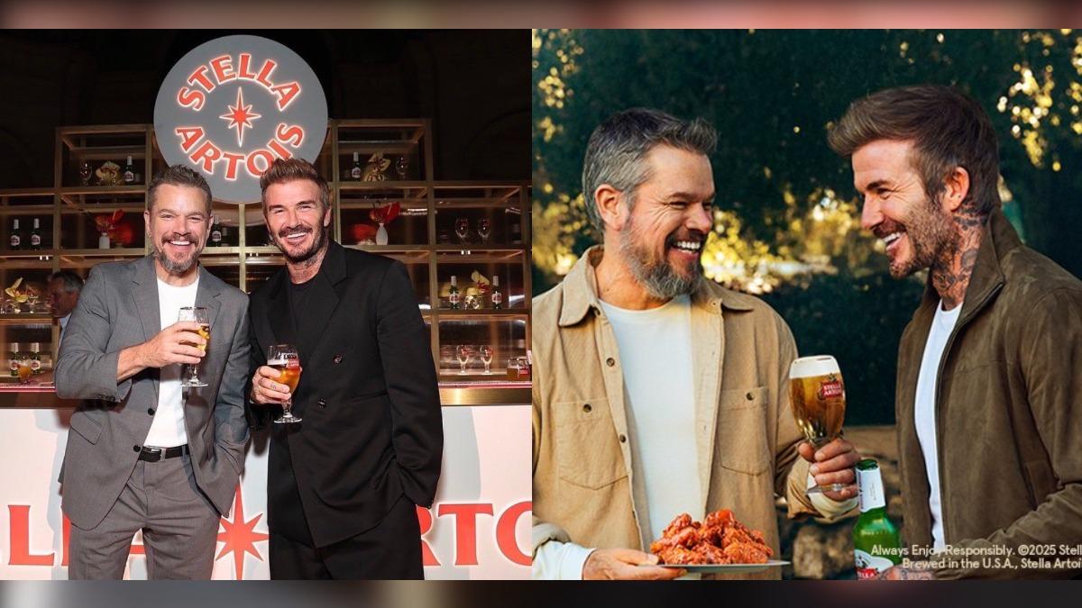 麥特·戴蒙（Matt Damon）與貝克漢（David Beckham）合作拍廣告。（圖／翻攝自 X@StellaArtois）