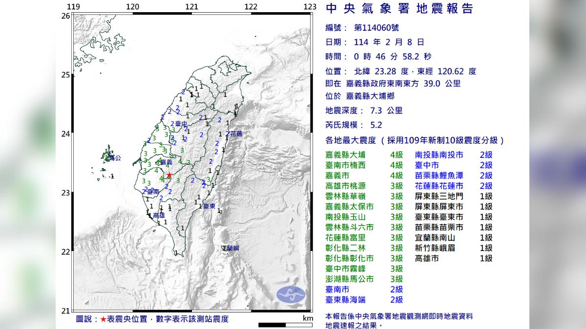 嘉義大埔發生規模5.2地震。（圖／中央氣象署）