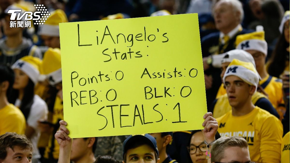 球迷舉牌嘲諷「球二哥」鮑爾（LiAngelo Ball）的中國偷竊事件。（圖／達志影像美聯社）