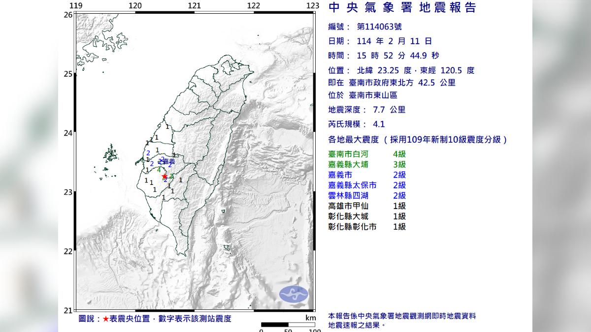 今(11)日下午3時52分台南市東山區發生規模4.1地震。(圖/中央氣象署) 今(11)日下午3時52分台南市東山區發生規模4.1地震。(圖/中央氣象署)