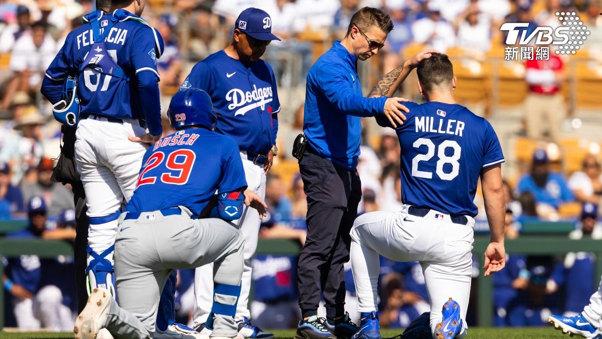 道奇投手米勒（右一）被強襲球打中頭部、提前退場。（圖／達志影像路透社）