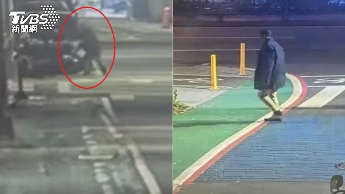 周男因為心情不好，沿路推倒停車格內的機車。（圖／TVBS）