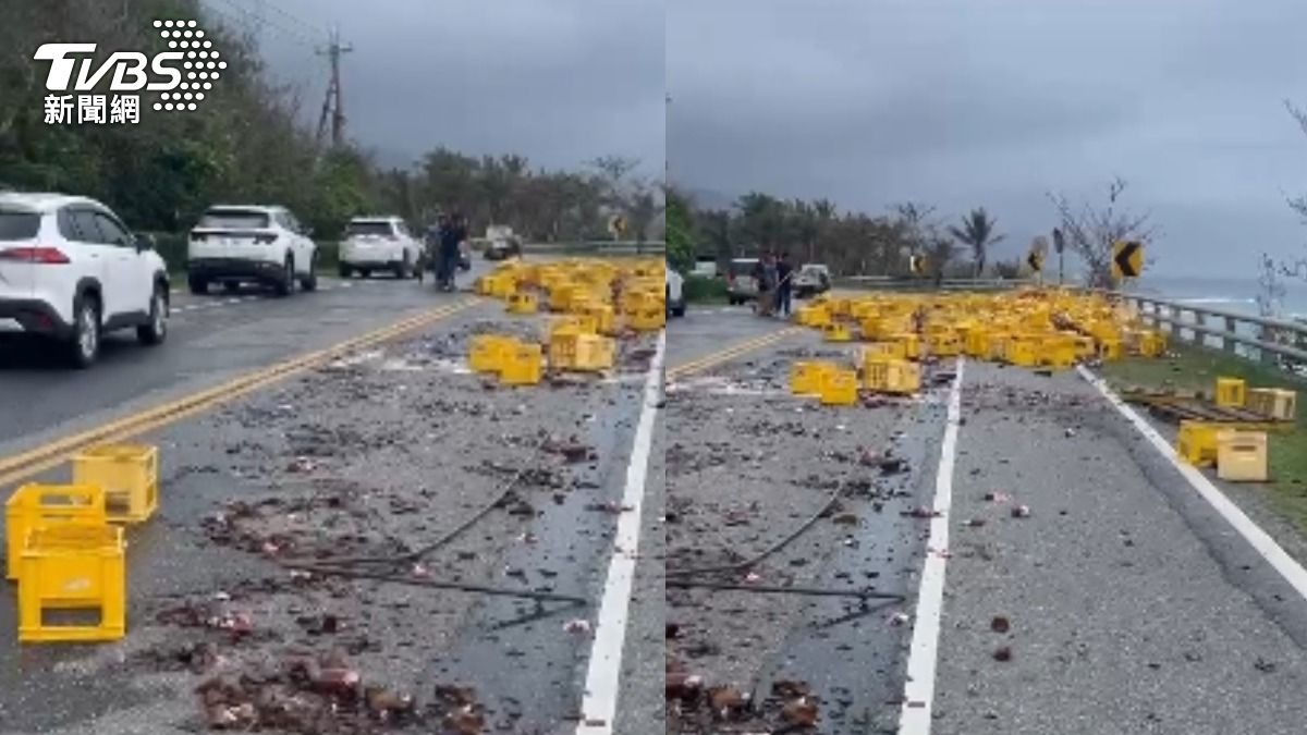 米酒碎玻璃散落一地，一度造成南北雙向通行受阻。（圖／TVBS）