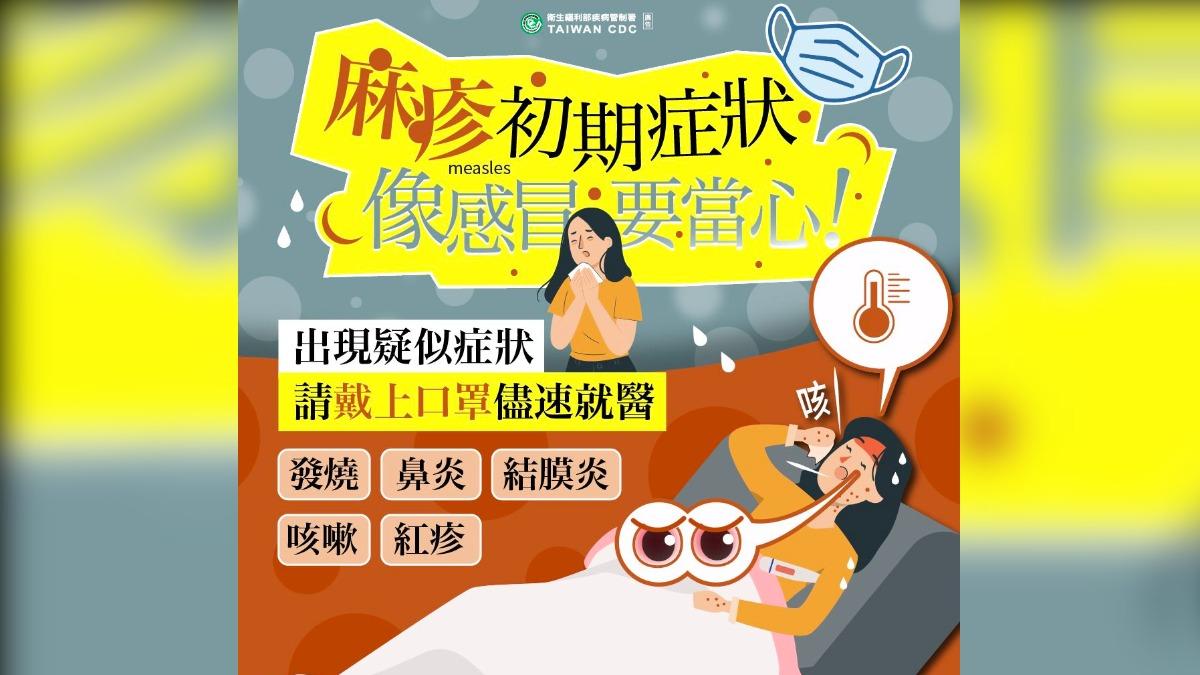麻疹具傳染性，初期症狀近似感冒，需特別留意。（圖／翻攝自桃園市衛生局官網）