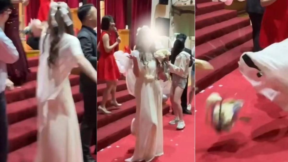 伴娘抽到捧花後「當球踢爆」，讓全場超尷尬，事後還嗆「抽到就是我的」。（圖／翻攝自Dcard）