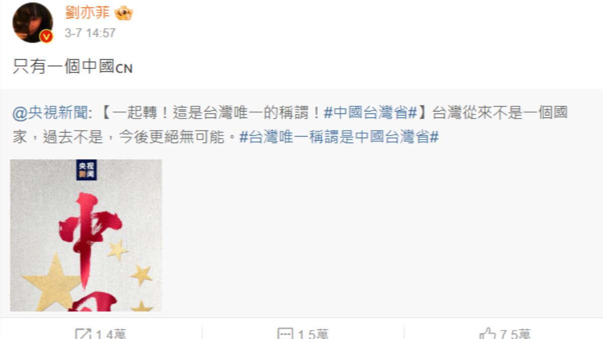 有不少嚴厲網友認為劉亦菲沒寫出重點「中國台灣省」。（圖／翻攝自微博）