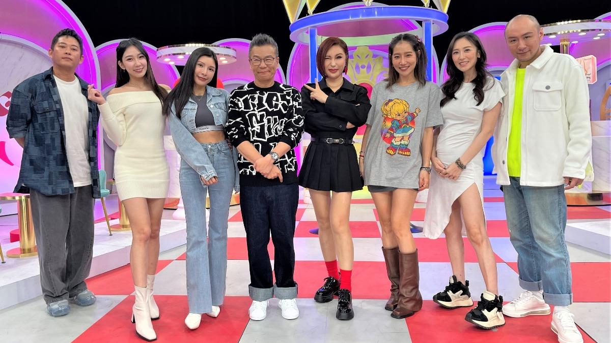 Junior（左起）、檸檬、Lala、沈玉琳、利菁、楊皓如、蔡允潔、拉維斯基谷進棚錄影。（圖／東森超視提供）