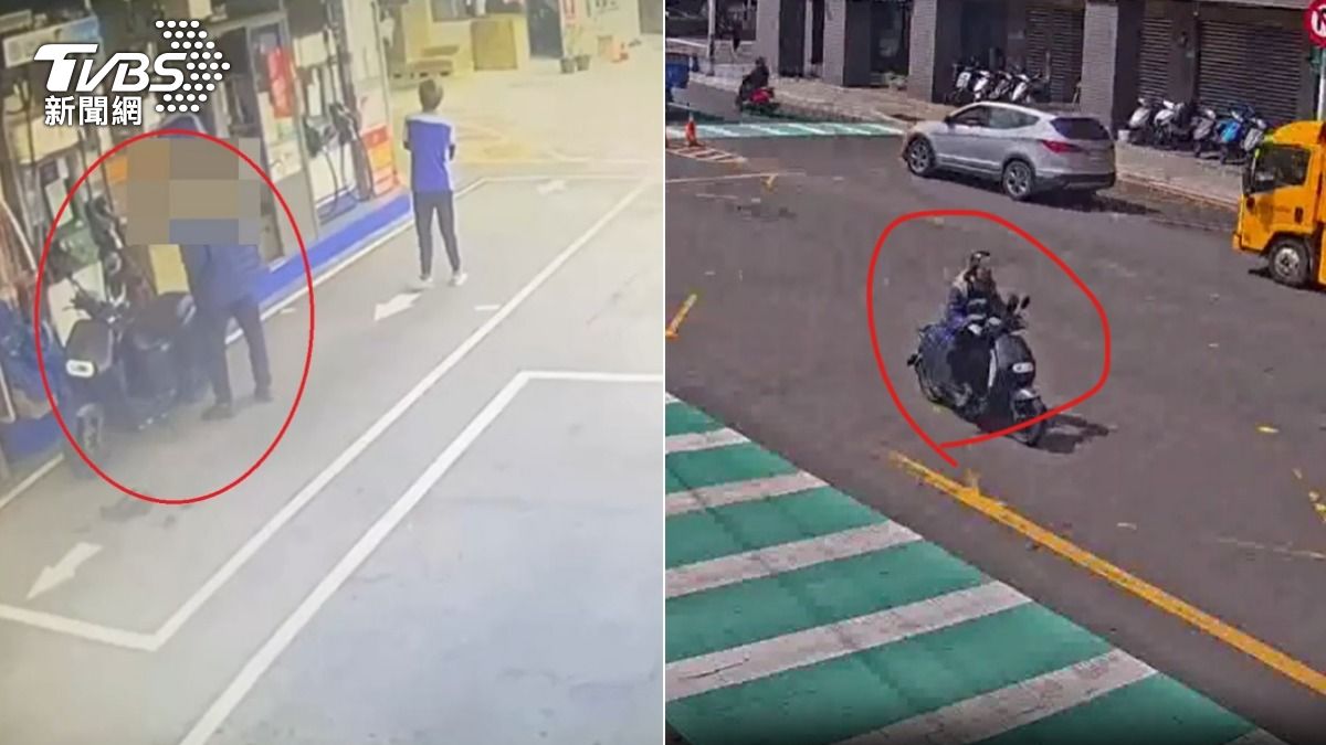 郭男買汽油、騎車到案發現場的監視器畫面曝光。（圖／TVBS）