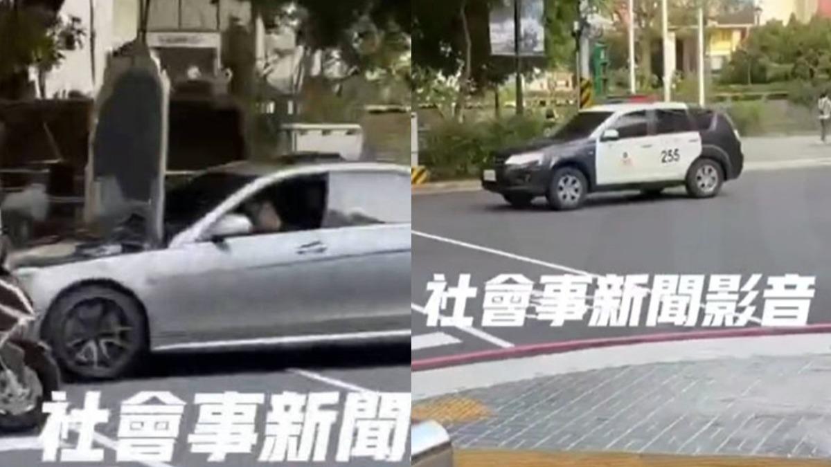 賓士車前蓋掀著呼嘯而過，警車急追在後。（圖／翻攝畫面）