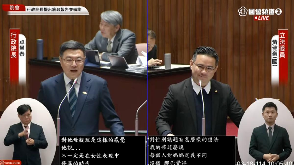 藍委黃健豪質詢卓榮泰，柯建銘言論是否涉性別歧視。（圖／翻攝國會直播）