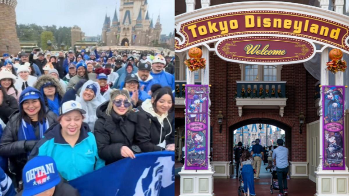 約有100名道奇球迷湧入東京迪士尼，聚集在仙杜瑞拉城堡前。（組圖／翻攝自TikTok ＠pantone294、達志影像Shutterstock）