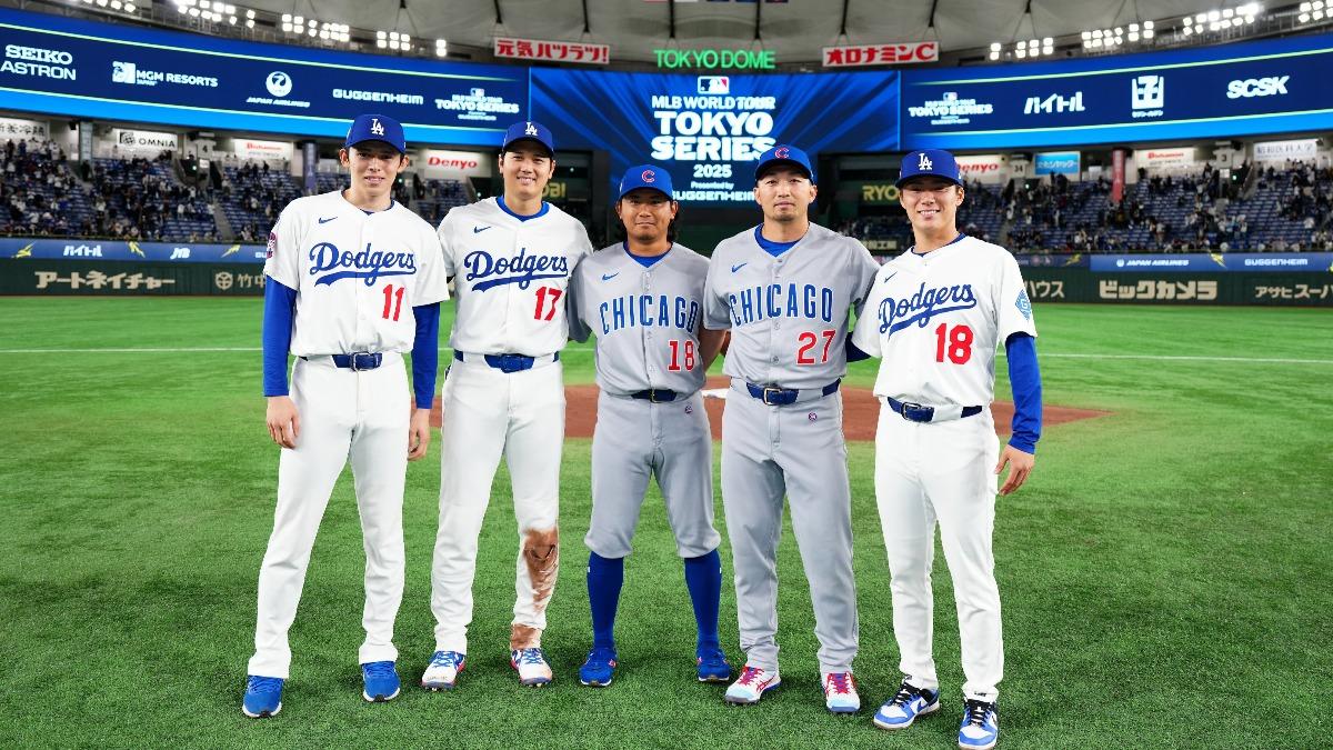 5名日籍球員大谷翔平、山本由伸、佐佐木朗希、今永昇太、鈴木誠也合照。（圖／取自MLB X）