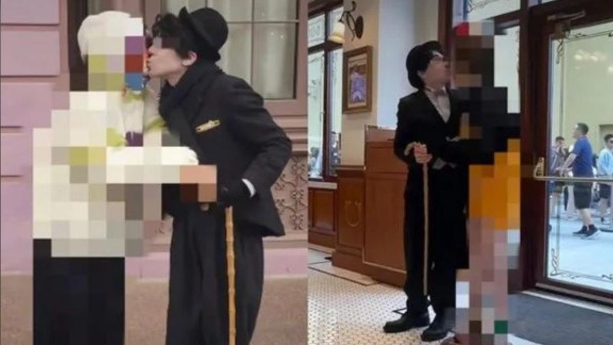 中國北京環球影城裡扮演「卓別林」的員工被爆出性騷疑雲。（圖／翻攝自極目新聞）