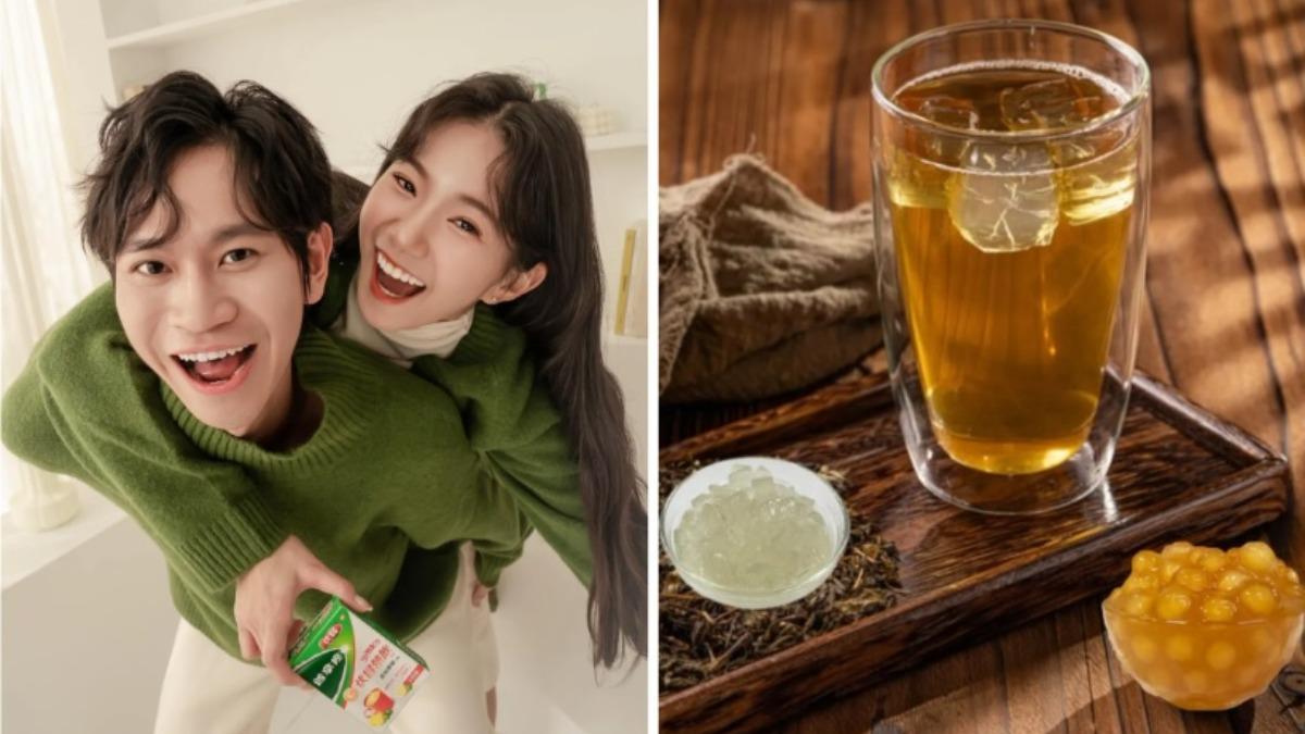 Andy和家寧分手後鬧出股權糾紛，拾汣茶屋順勢推出「珍淑薈砌青茶」（右圖），再掀話題。（圖／翻攝眾量級 CROWD臉書、19teahouse_l.t Threads）