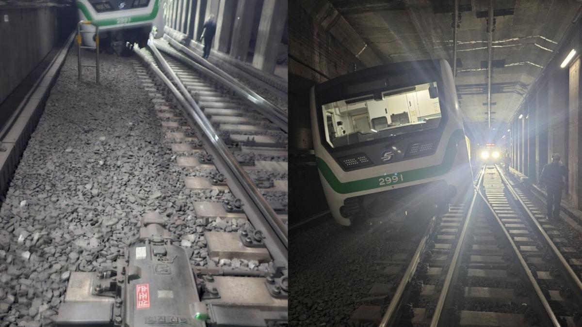 首爾地鐵2號線列車出軌。（圖／取自X）