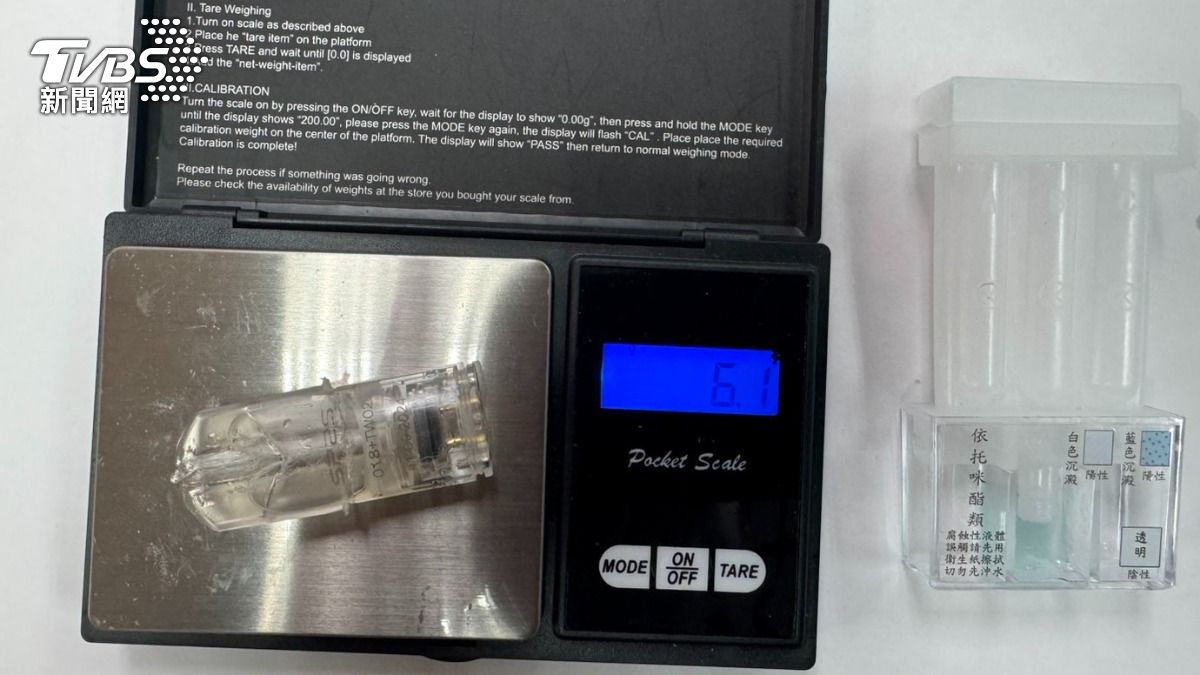 警方查扣二級毒品依托咪酯煙彈（毛重6.1公克）。（圖／TVBS）